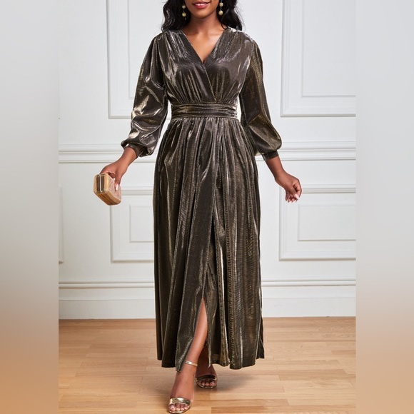 Surplice V Neck Dark Coffee Maxi Dress Size Large US 8-10 - Picture 1 of 13